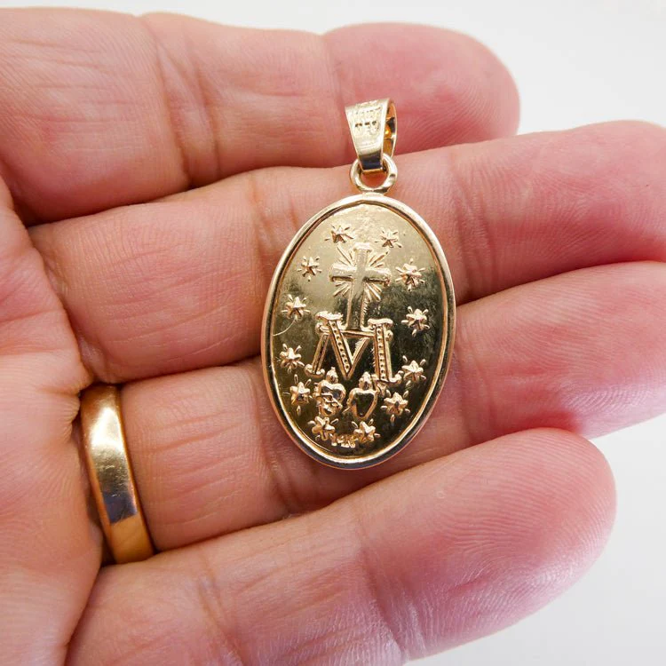 14K Gold Miraculous Medal Pendant — Large (0.8” × 0.5”) - Image 3