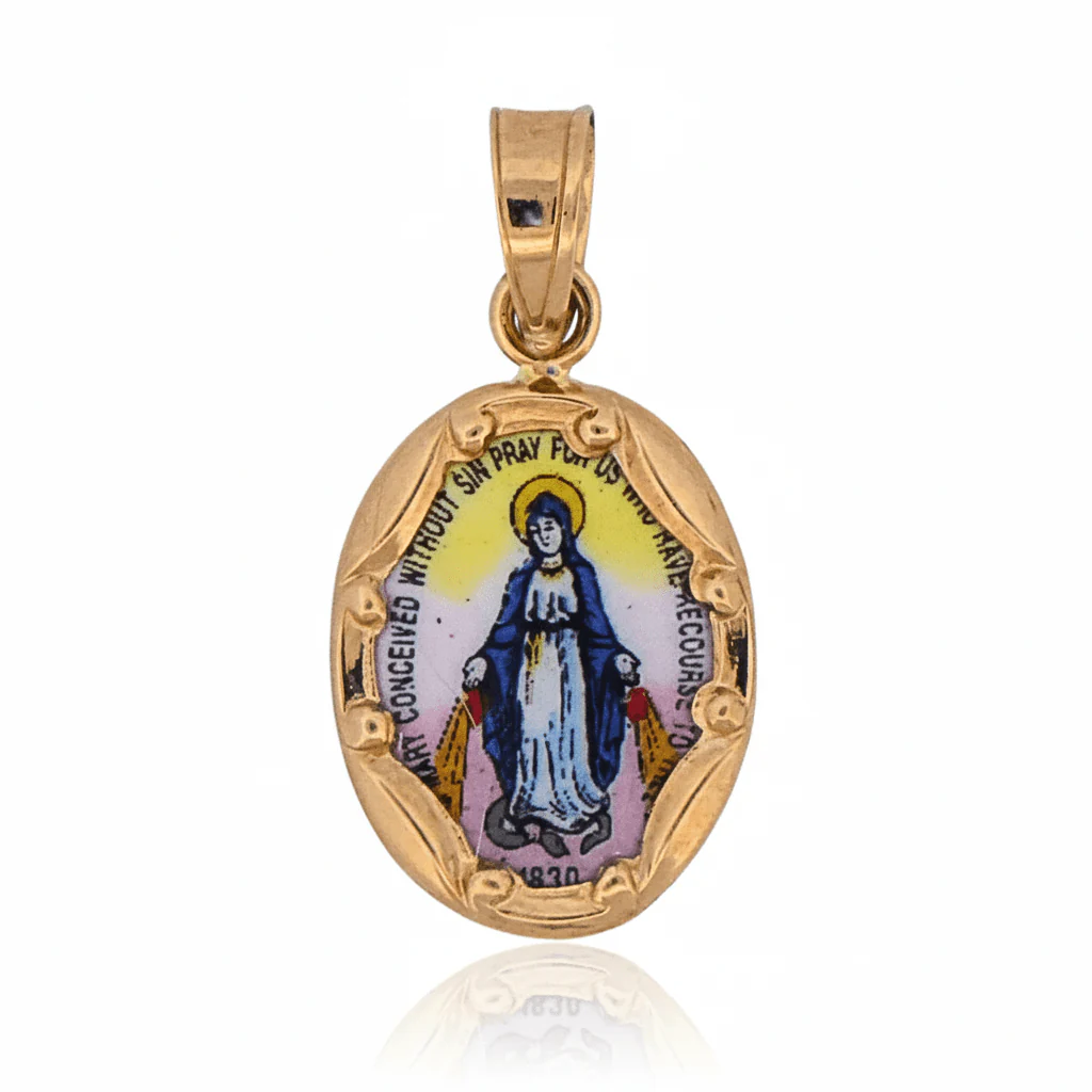 14K Gold & Hand-Painted Porcelain Miraculous Medal Pendant — Oval (0.3” × 0.5”)