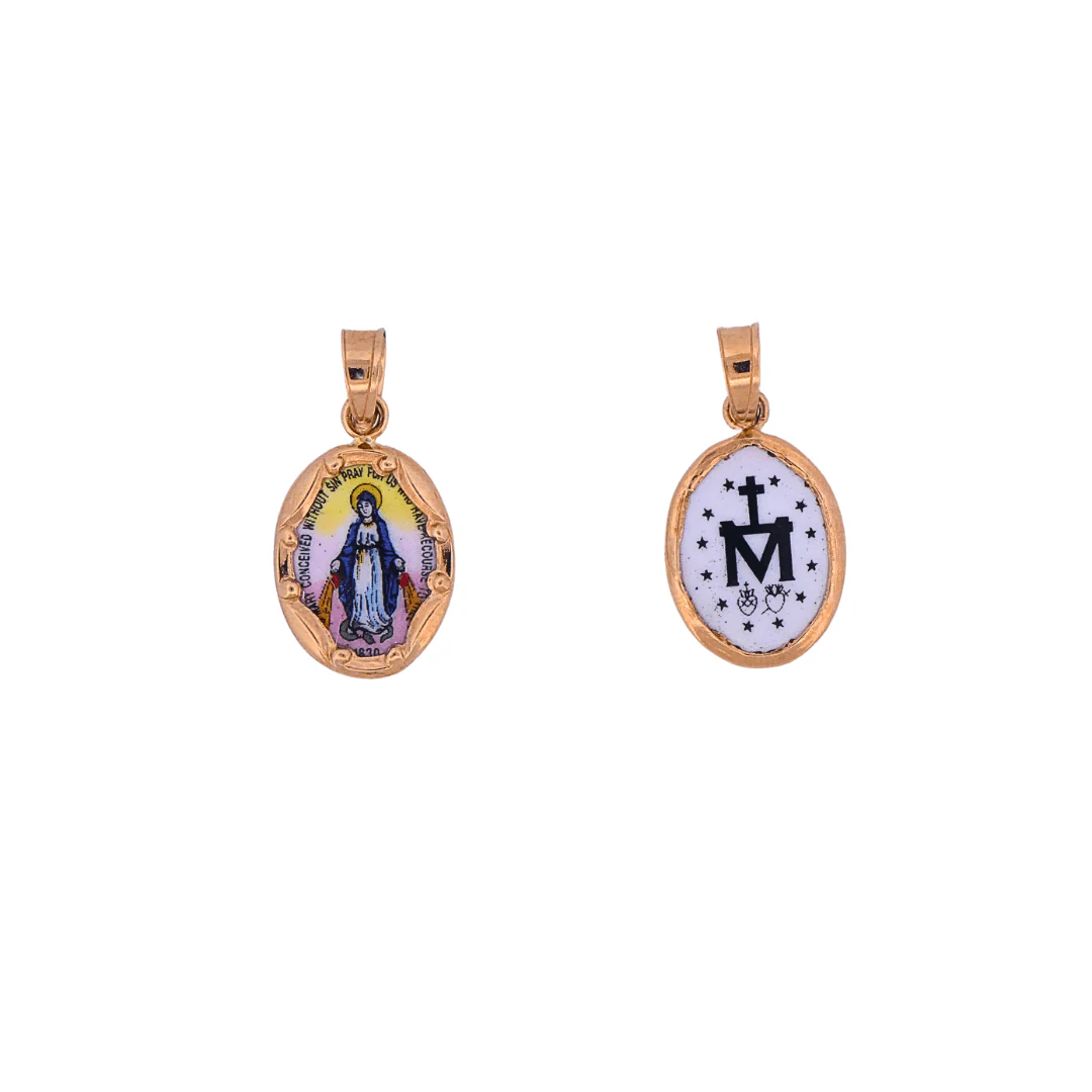 14K Gold & Hand-Painted Porcelain Miraculous Medal Pendant — Oval (0.3” × 0.5”) - Image 2