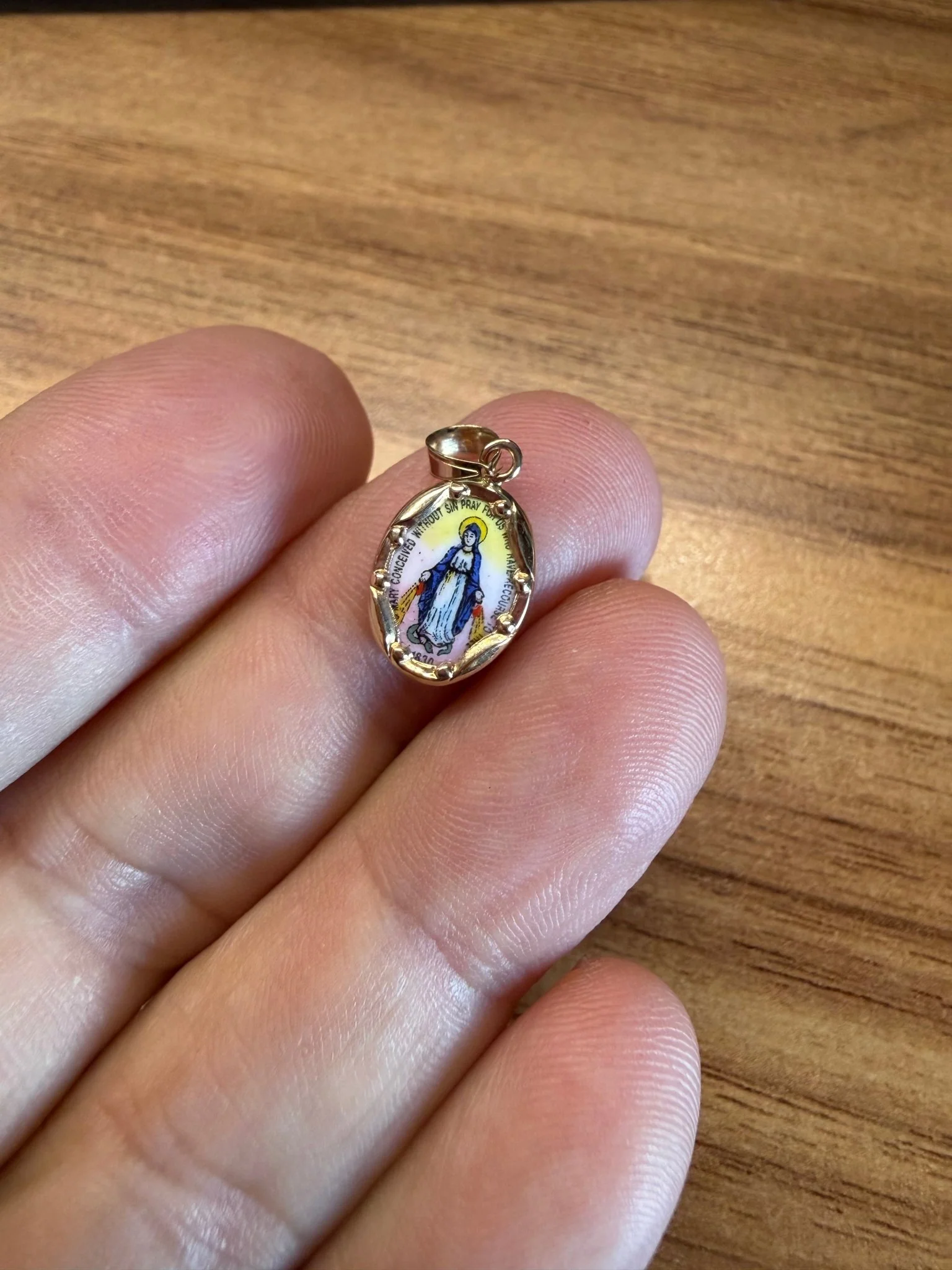 14K Gold & Hand-Painted Porcelain Miraculous Medal Pendant — Oval (0.3” × 0.5”) - Image 3