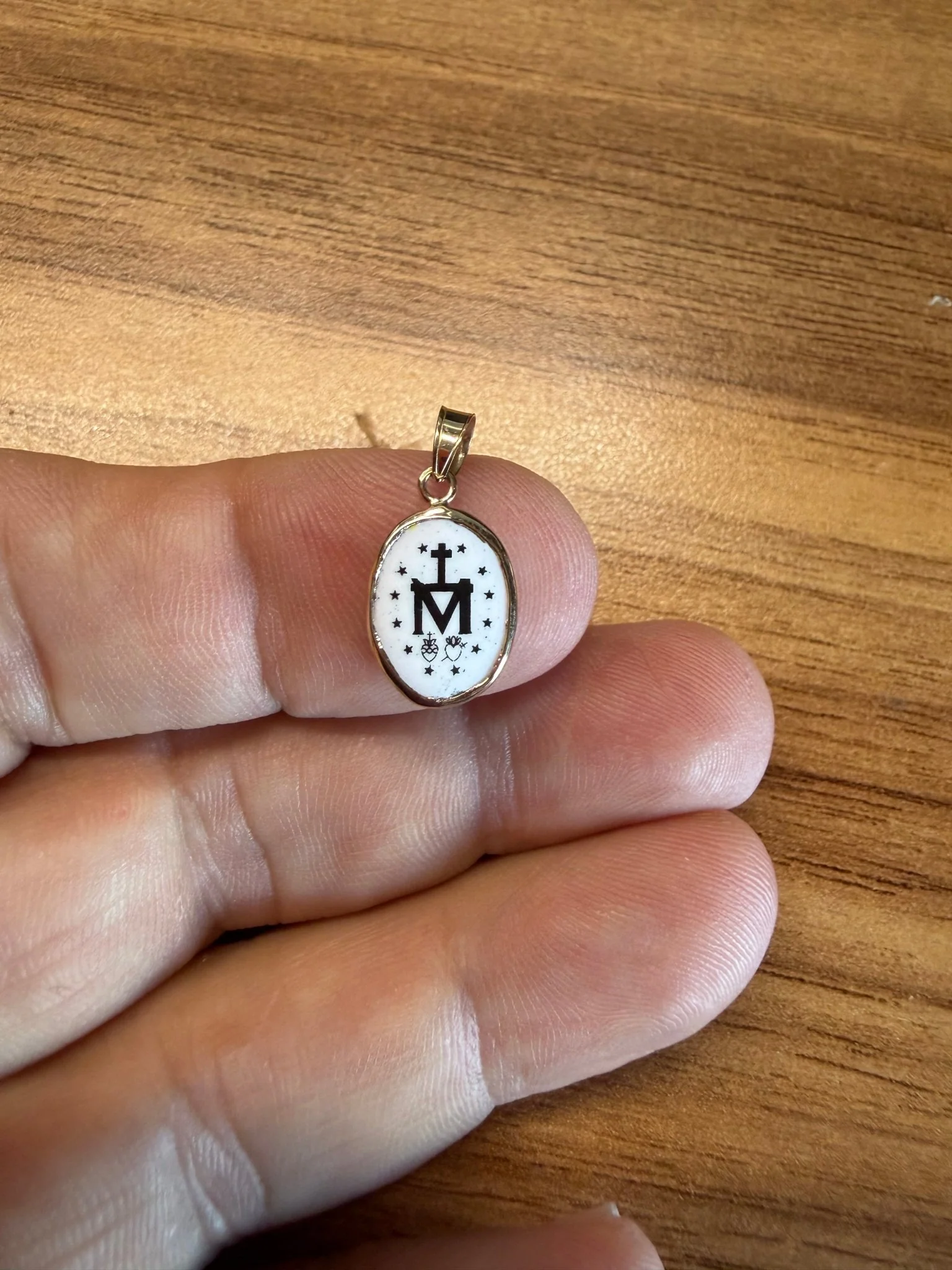 14K Gold & Hand-Painted Porcelain Miraculous Medal Pendant — Oval (0.3” × 0.5”) - Image 5