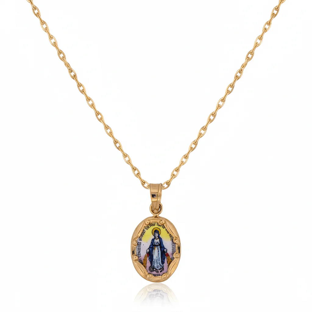 14K Gold & Hand-Painted Porcelain Miraculous Medal Pendant — Oval (0.3” × 0.5”) - Image 6