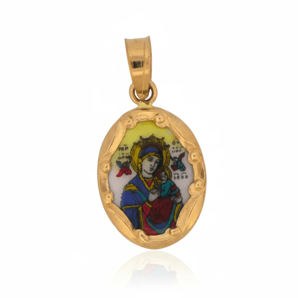 14K Gold & Hand-Painted Porcelain Our Lady of Perpetual Help Medal — Oval (0.3” × 0.5”)
