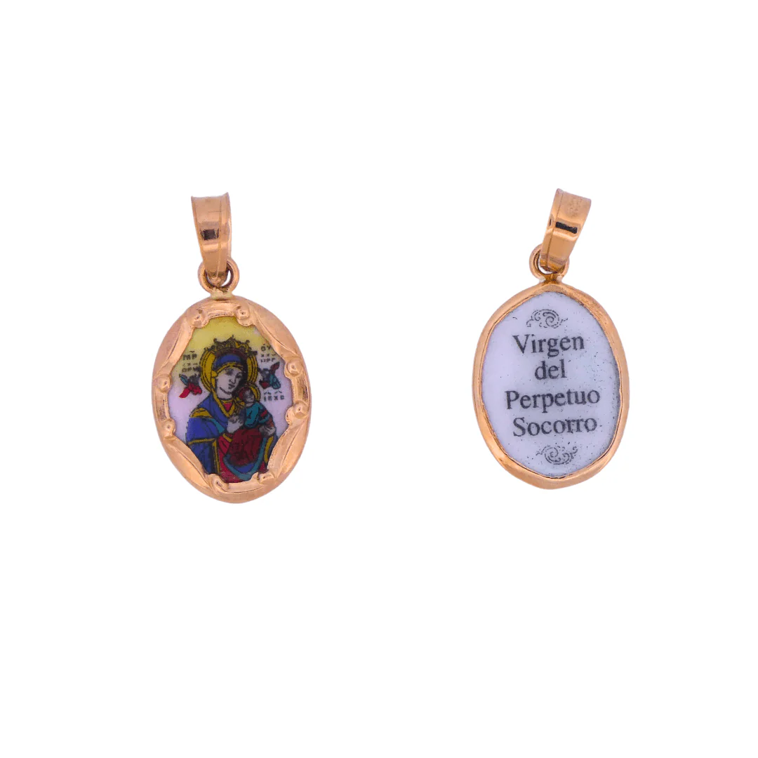 14K Gold & Hand-Painted Porcelain Our Lady of Perpetual Help Medal — Oval (0.3” × 0.5”) - Image 2