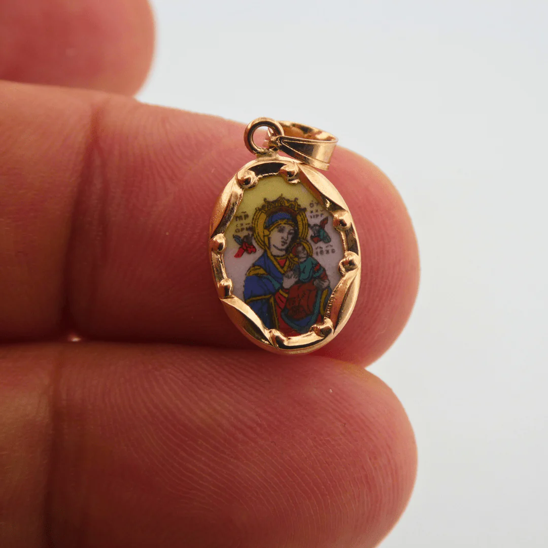 14K Gold & Hand-Painted Porcelain Our Lady of Perpetual Help Medal — Oval (0.3” × 0.5”) - Image 4
