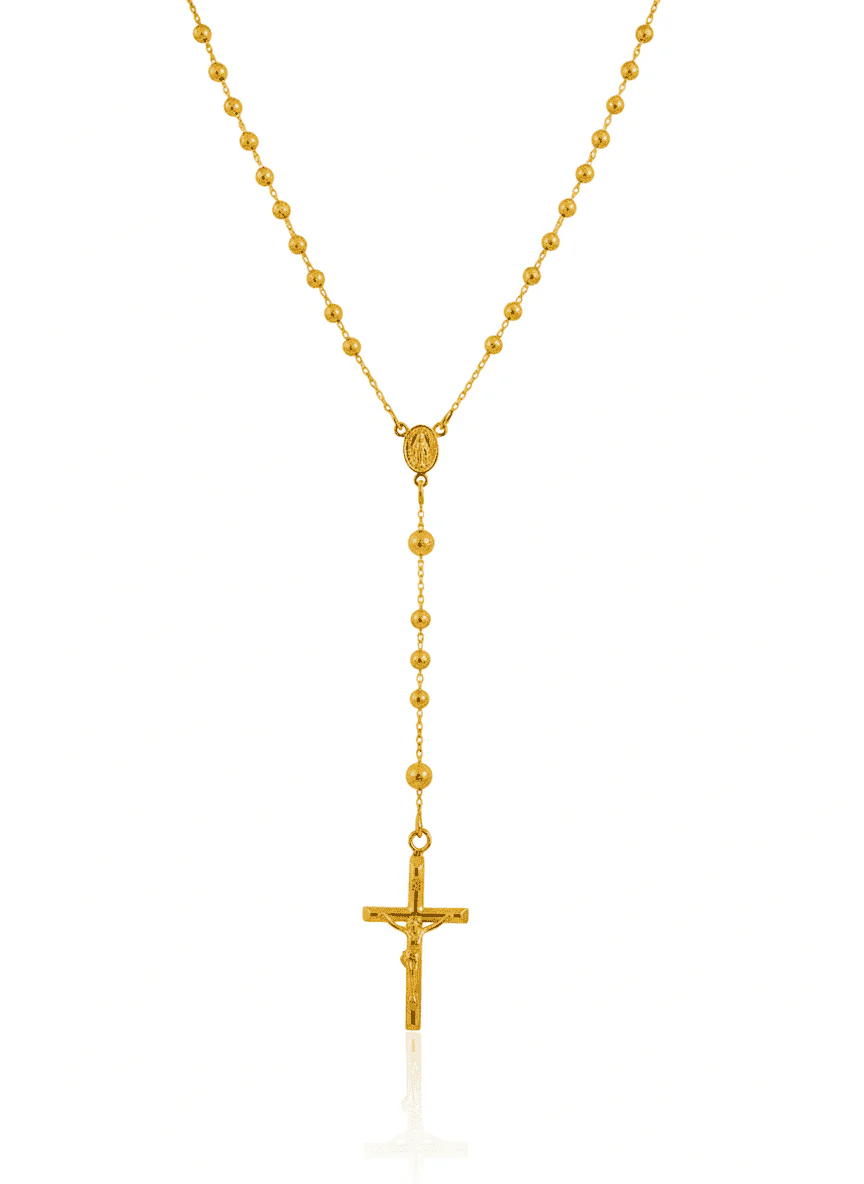 14K Gold Rosary Necklace with Miraculous Medal & Crucifix (18”)