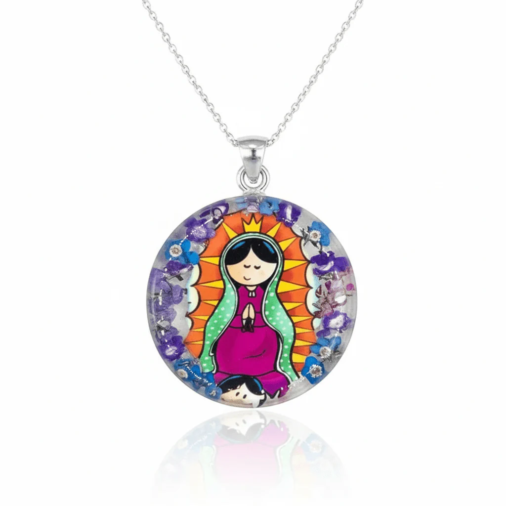 Baby Guadalupe Medium Round Pendant w/ Pressed Flowers 18-inch