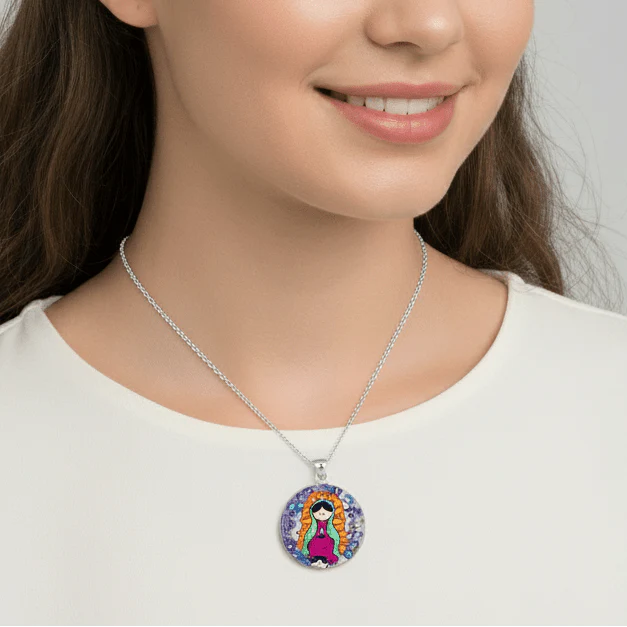 Baby Guadalupe Medium Round Pendant w/ Pressed Flowers 18-inch - Image 2