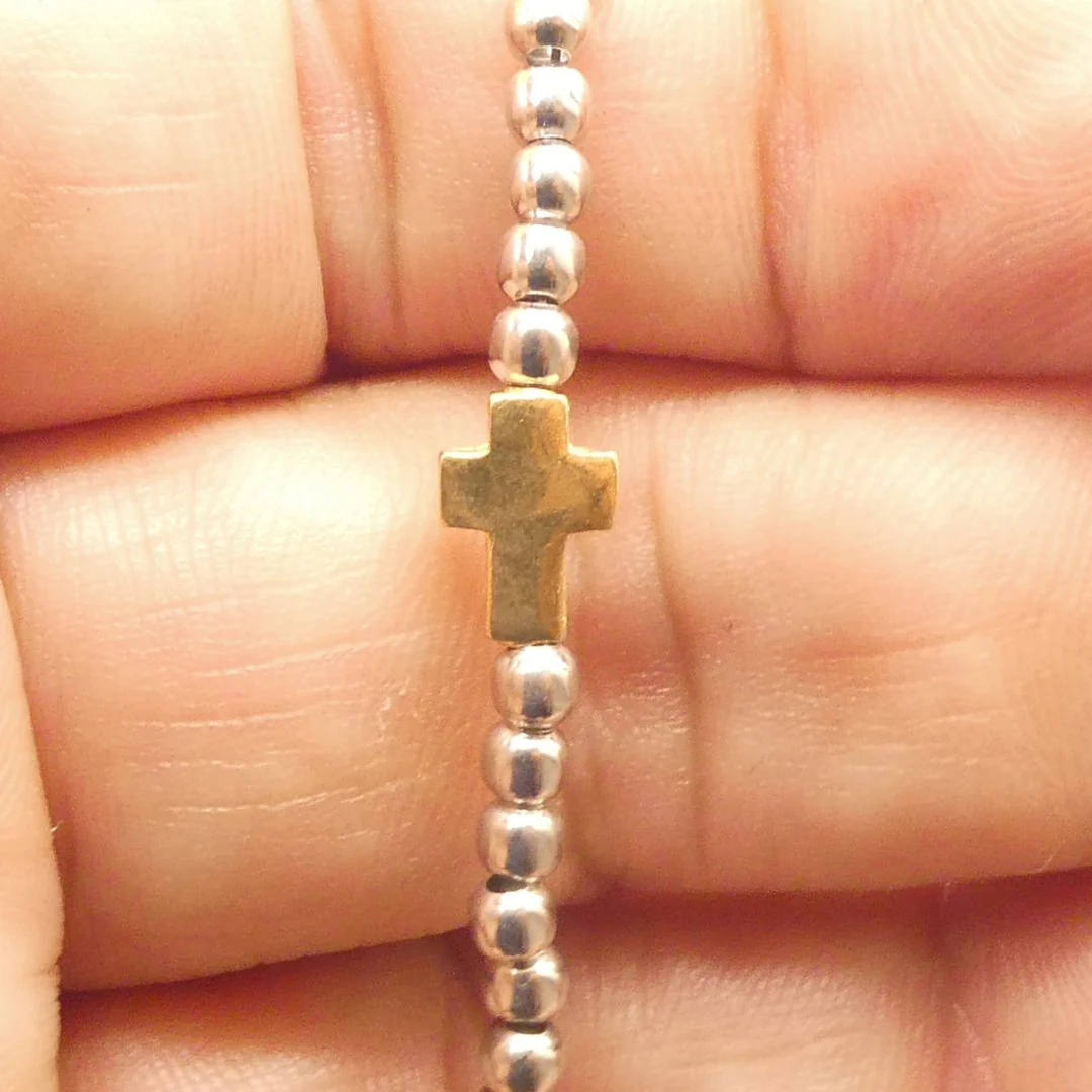 Silver Beaded Cross Bracelet 7.5"+1" - Image 3