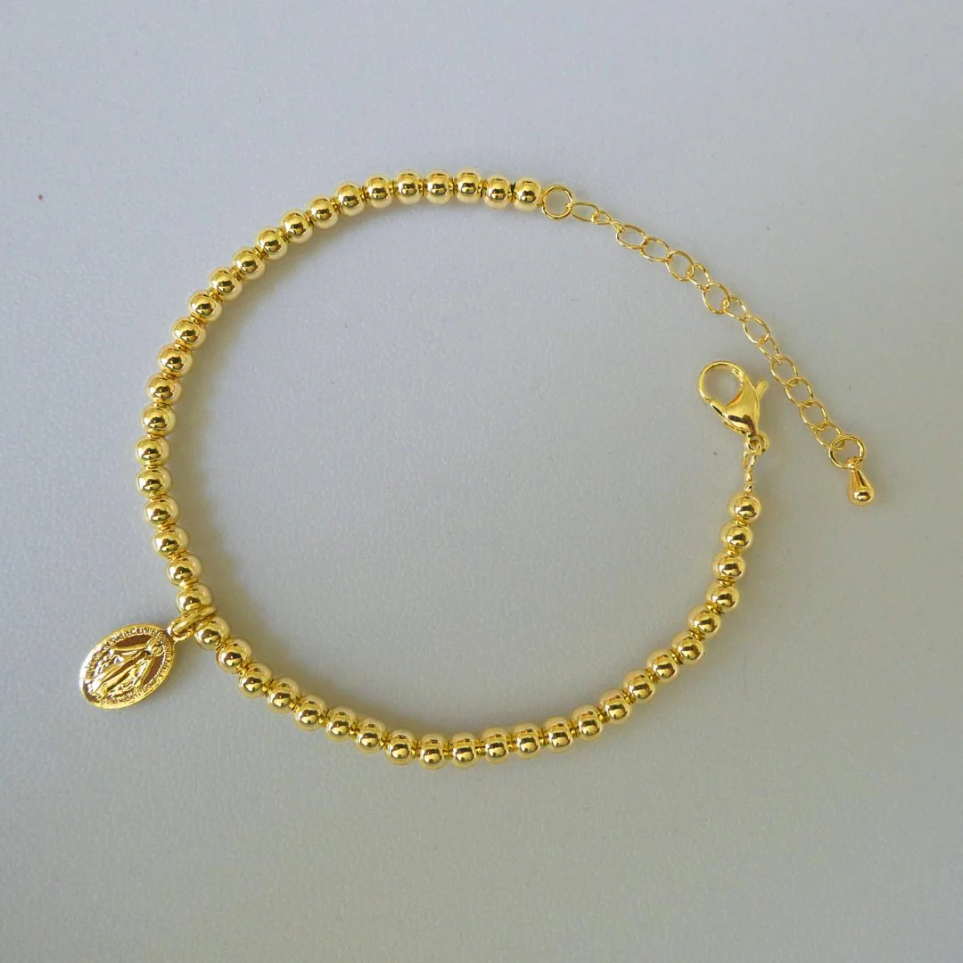 Gold-Plated Miraculous Medal Beaded Chain Bracelet — Adjustable - Image 3