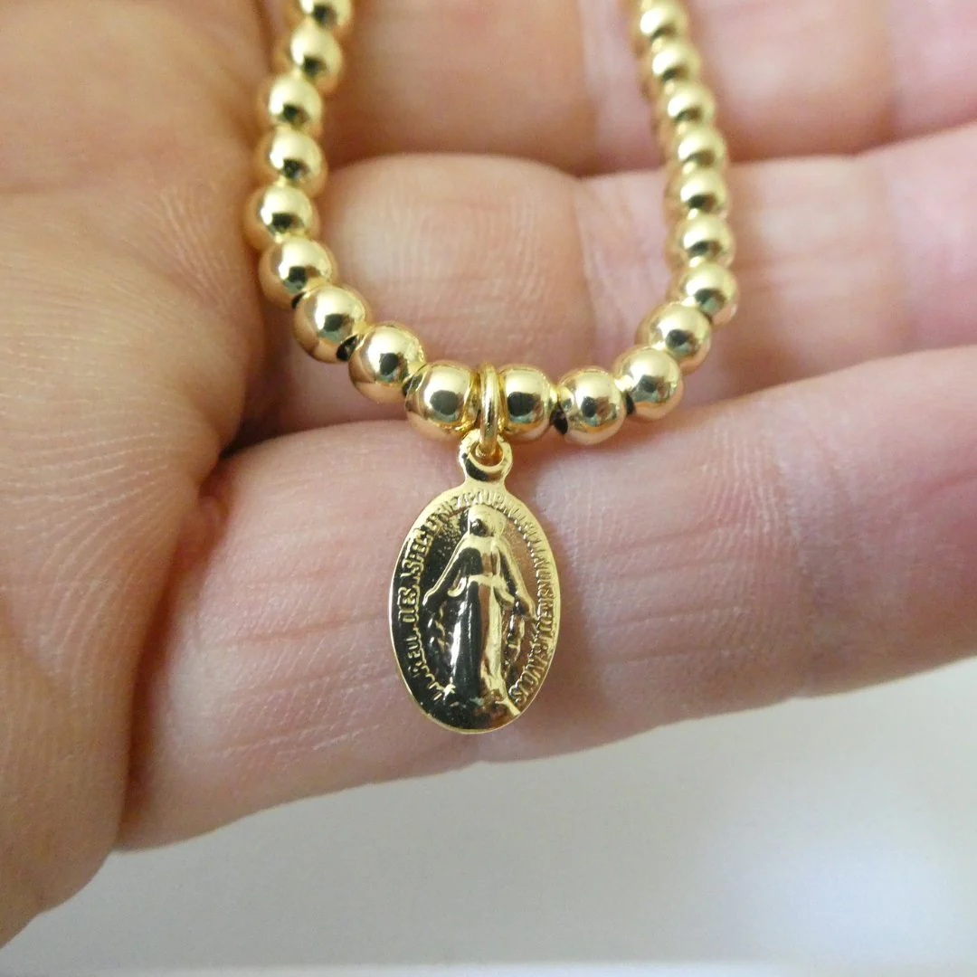 Gold-Plated Miraculous Medal Beaded Chain Bracelet — Adjustable - Image 4
