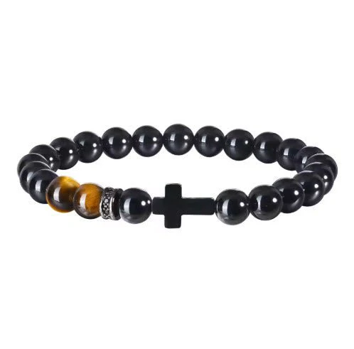 Black Agate Beaded Cross Bracelet with Tiger Eye Accents – Unisex Catholic Jewelry 7"