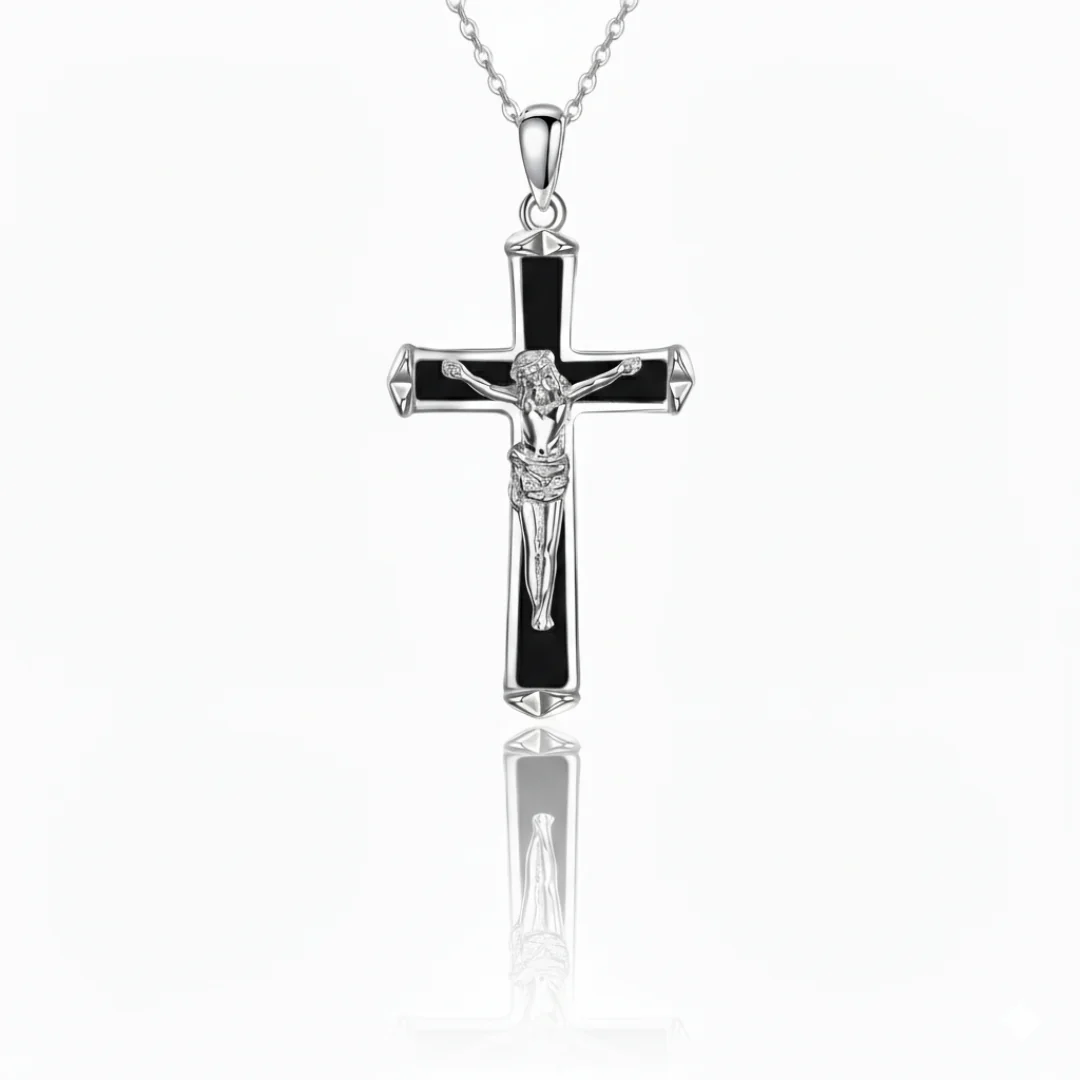 Silver Crucifix Necklace w/ Black Opal 18-inch