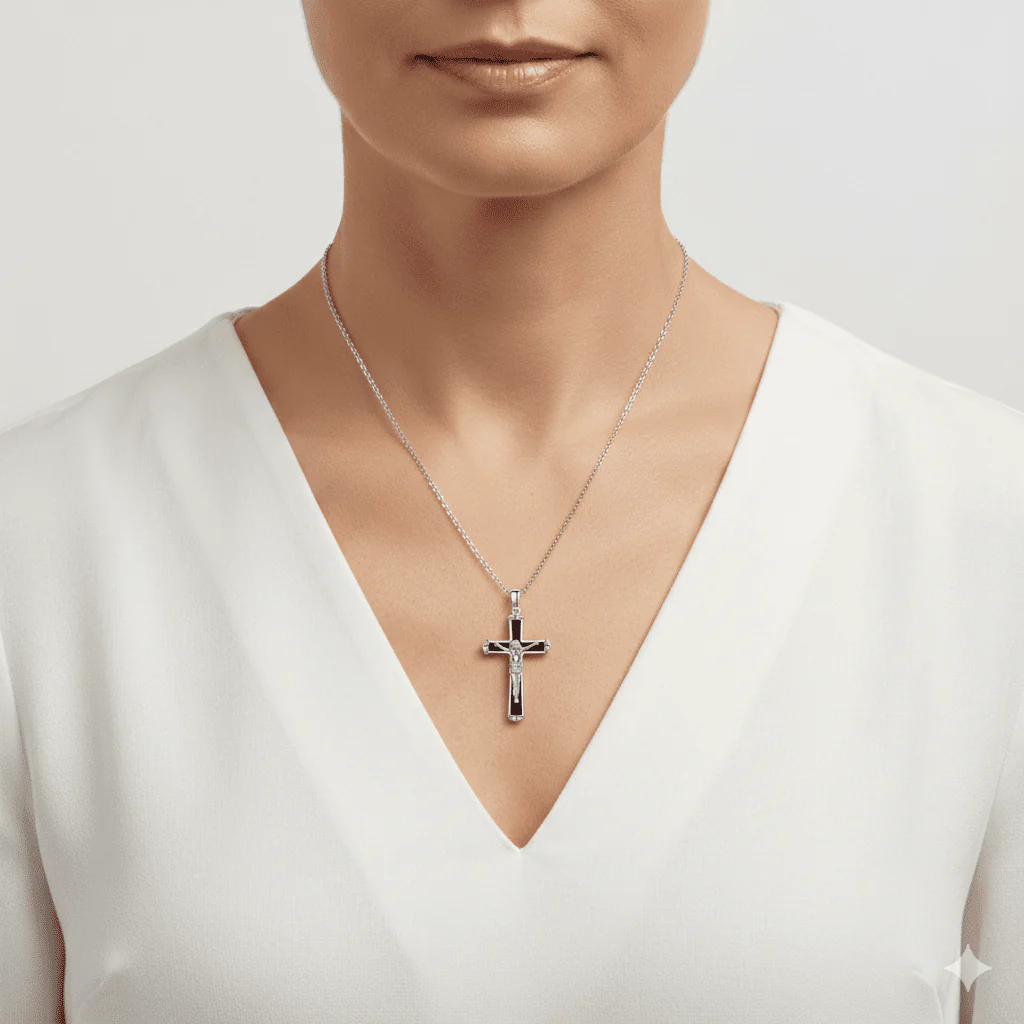Silver Crucifix Necklace w/ Black Opal 18-inch - Image 2