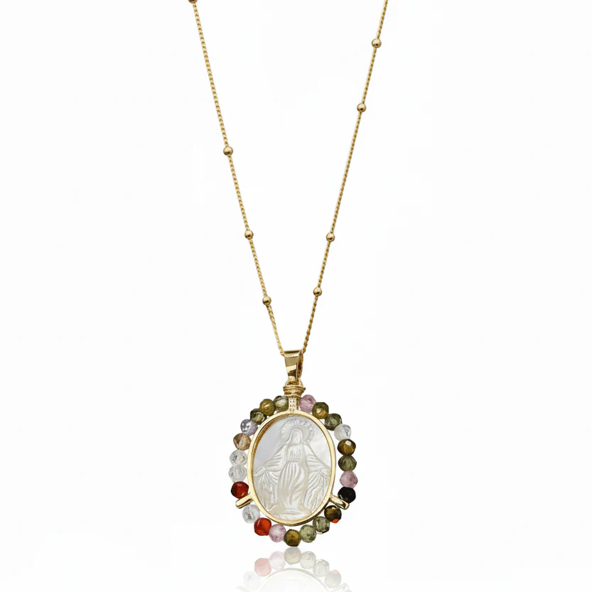 Gold-Plated Our Lady of Grace Mother of Pearl & Multicolor Zircon Necklace 18-inch