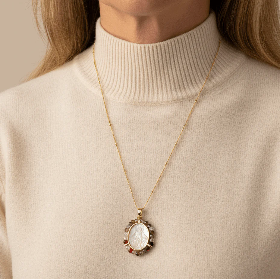 Gold-Plated Our Lady of Grace Mother of Pearl & Multicolor Zircon Necklace 18-inch - Image 2