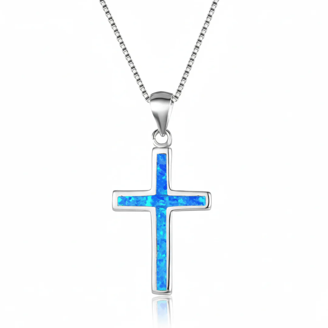 Silver Thin Cross Necklace w/ Blue Opal 18-inch