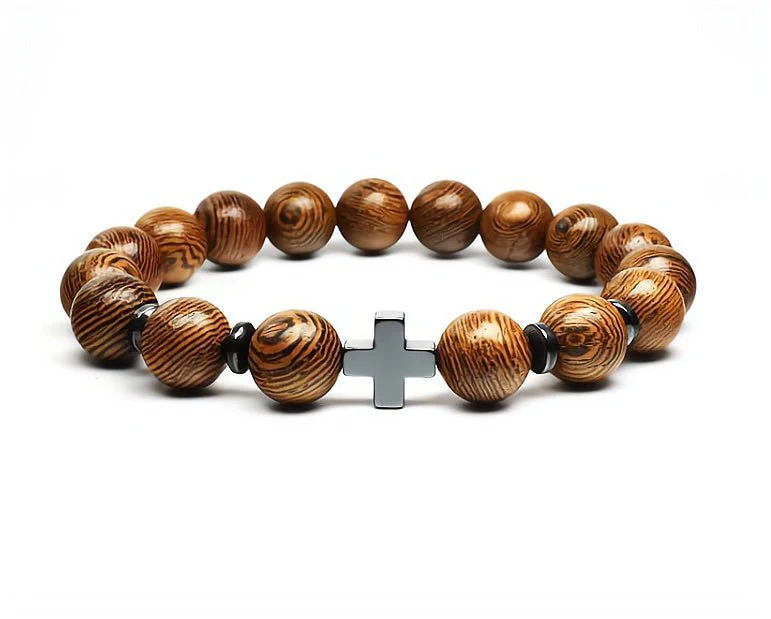 Cross Natural Wood Bracelet 8-inch