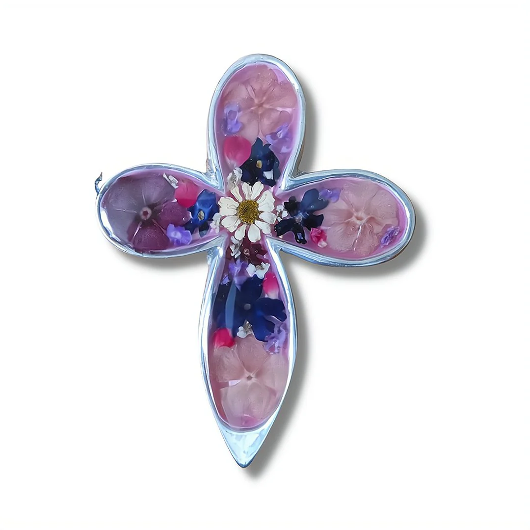 Clover Small Cross w/ Pressed Flowers 3.5"