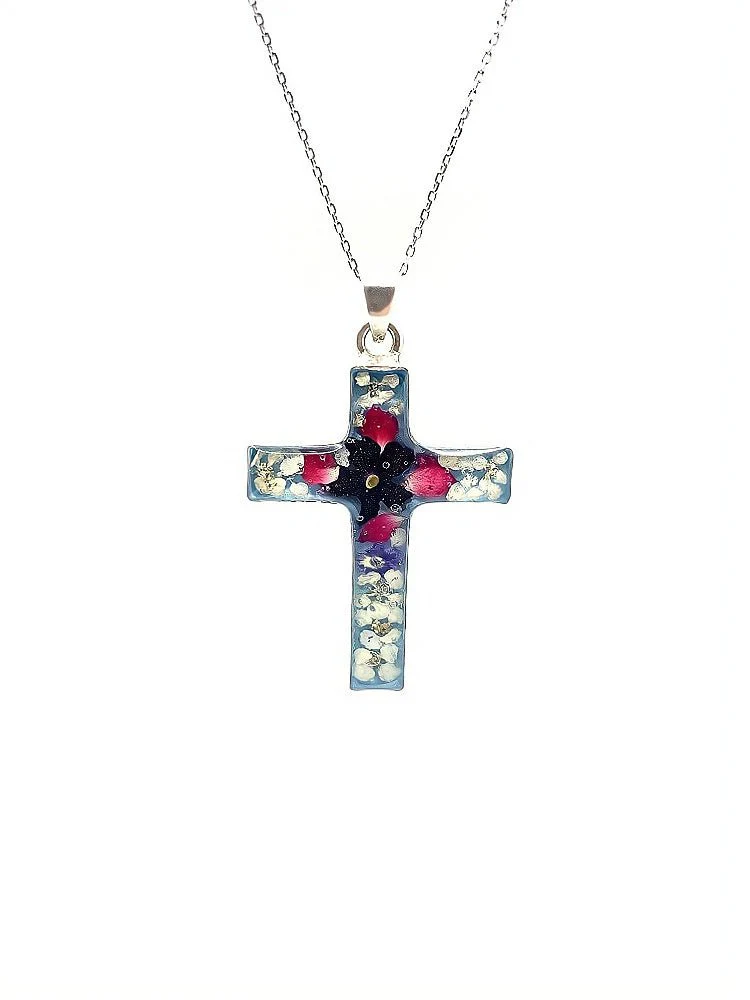 Cross Necklace w/ Pressed Flowers 18-inch