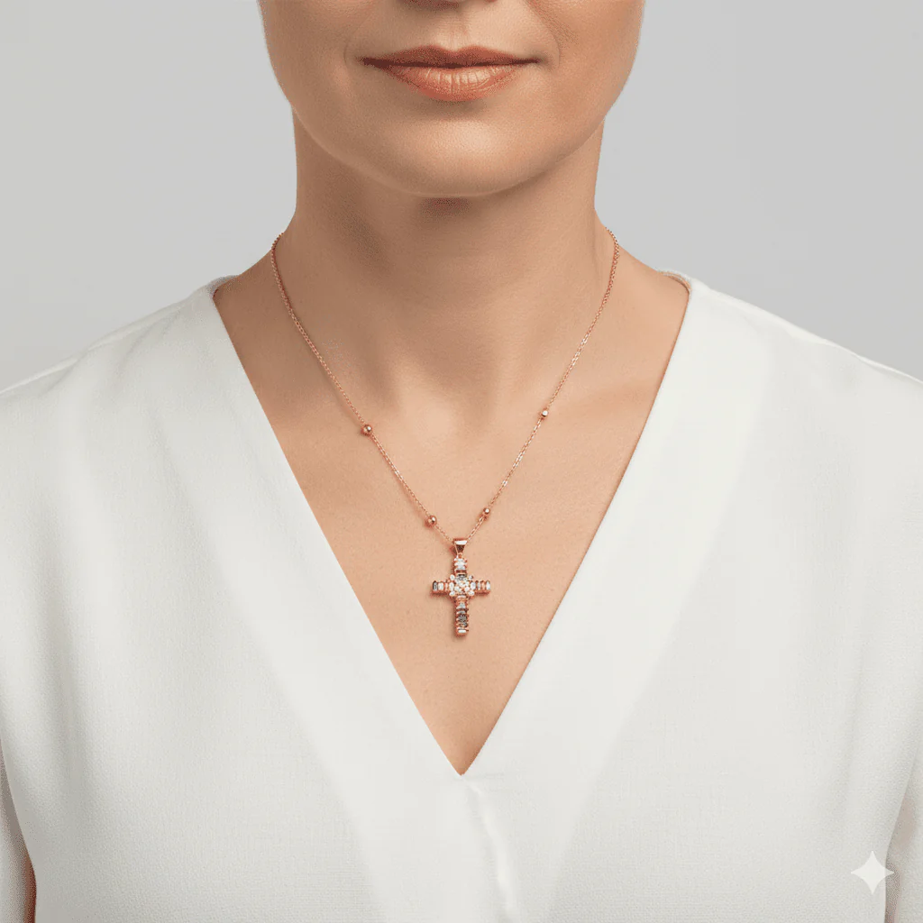 Gold-Plated Multicolored Zirconia Cross Necklace 18-inch - Image 2