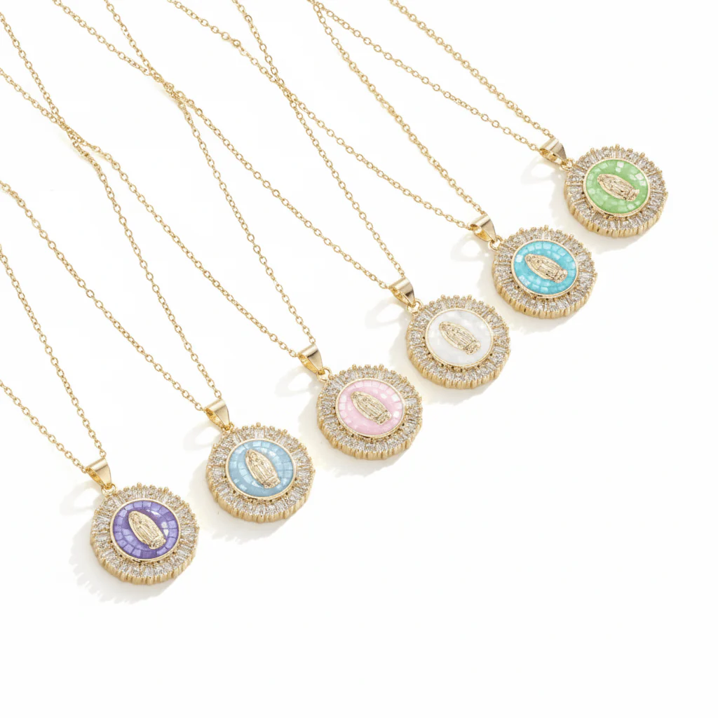 Gold-Plated Mary Necklace with Crystals 18" - Multiple Colors