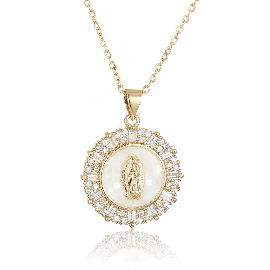 Gold-Plated Mary Necklace with Crystals 18" - Multiple Colors - Image 4