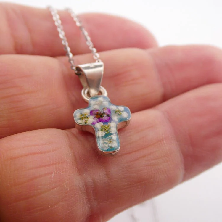 Dainty Cross Necklace w/ Pressed Flowers 18-inch - Image 3