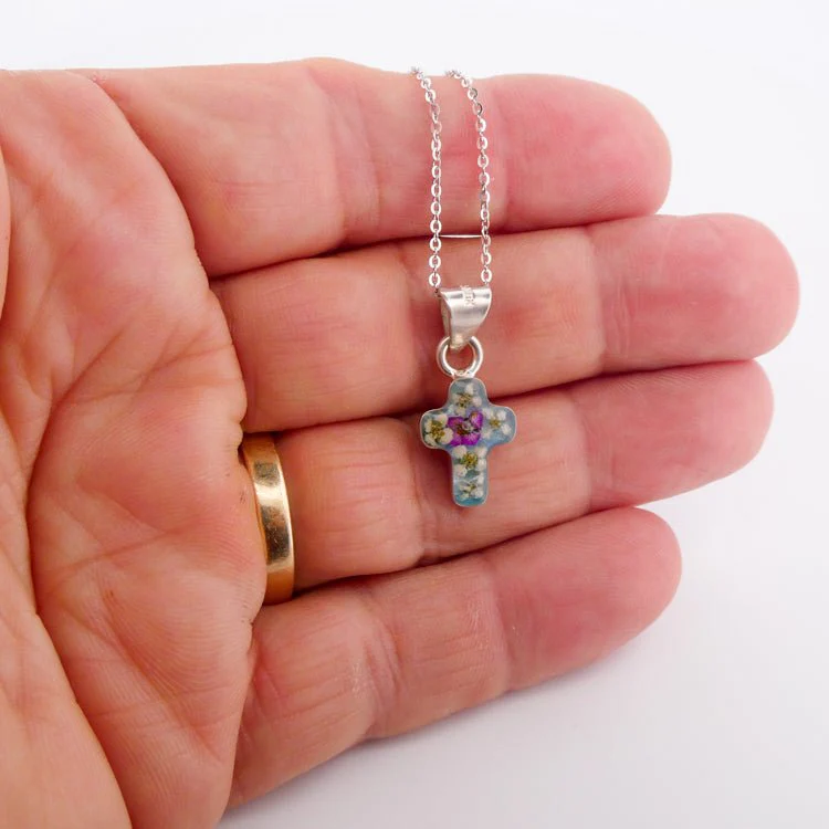 Dainty Cross Necklace w/ Pressed Flowers 18-inch - Image 4