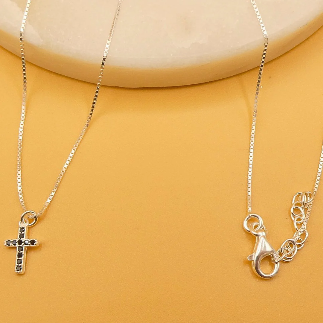 Dainty Silver Cross Necklace with Black Cubic Zirconia - Made in Italy 17"