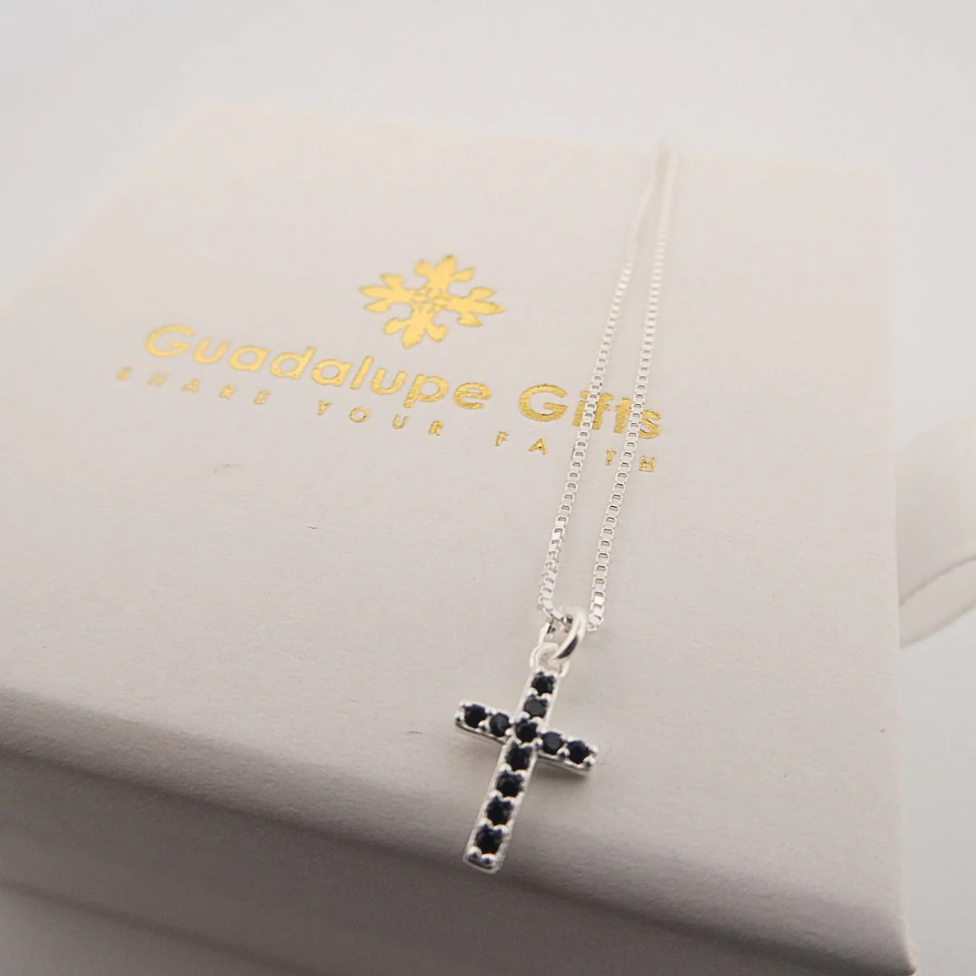 Dainty Silver Cross Necklace with Black Cubic Zirconia - Made in Italy 17" - Image 2