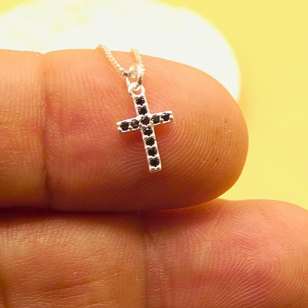 Dainty Silver Cross Necklace with Black Cubic Zirconia - Made in Italy 17" - Image 3