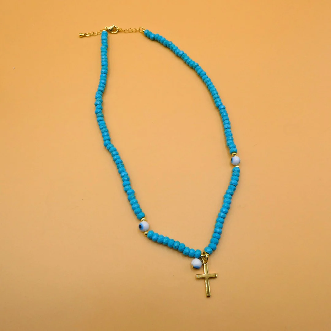Gold-Plated Cross with Evil Eyes Blue Bead Necklace 16-inch - Image 2