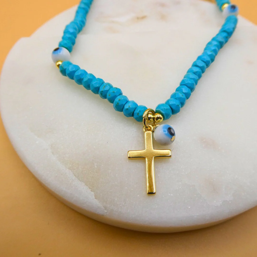 Gold-Plated Cross with Evil Eyes Blue Bead Necklace 16-inch - Image 3