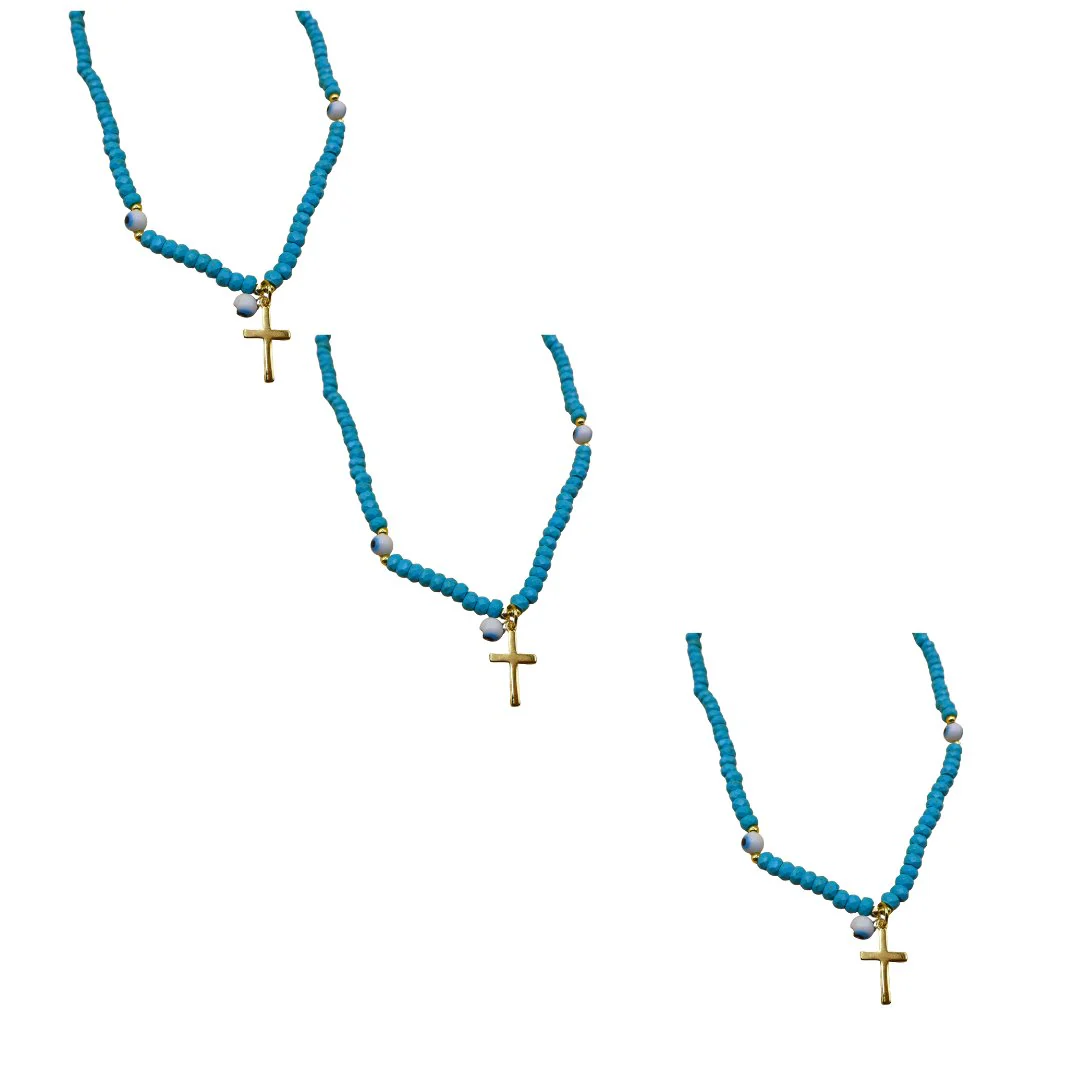 Gold-Plated Cross with Evil Eyes Blue Bead Necklace 16-inch - Image 6