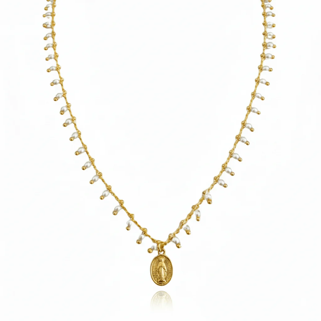 Gold-Plated Miraculous Medal Mini Pearl Beaded Necklace — 18”