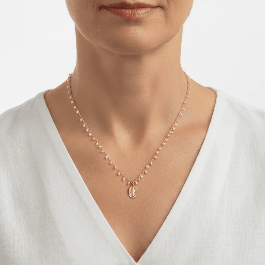 Gold-Plated Miraculous Medal Mini Pearl Beaded Necklace — 18” - Image 2