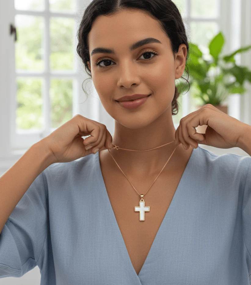 Gold-Plated Cross Necklace w/ Mother-of-Pearl 18-inch - Image 4