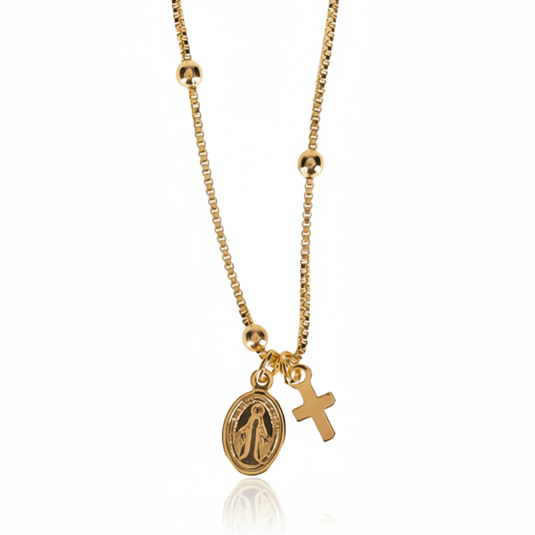 Gold-Plated Dainty Virgin Mary Charm Beaded Necklace 18-inch - Image 10