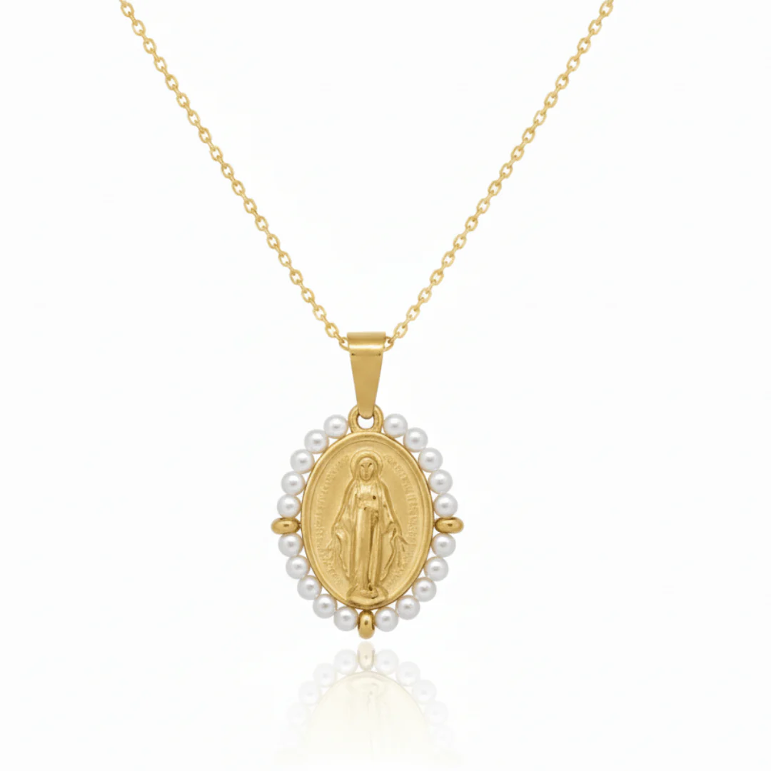 Gold-Plated Miraculous Medal Necklace with Pearl Beads – 20”