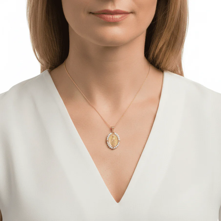 Gold-Plated Miraculous Medal Necklace with Pearl Beads – 20” - Image 2