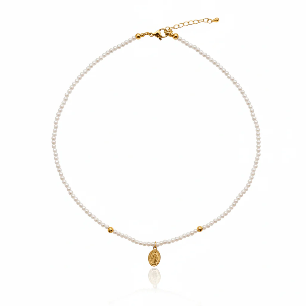 Gold-Plated Miraculous Medal Pendant Freshwater Pearl Bead Necklace 18-inch