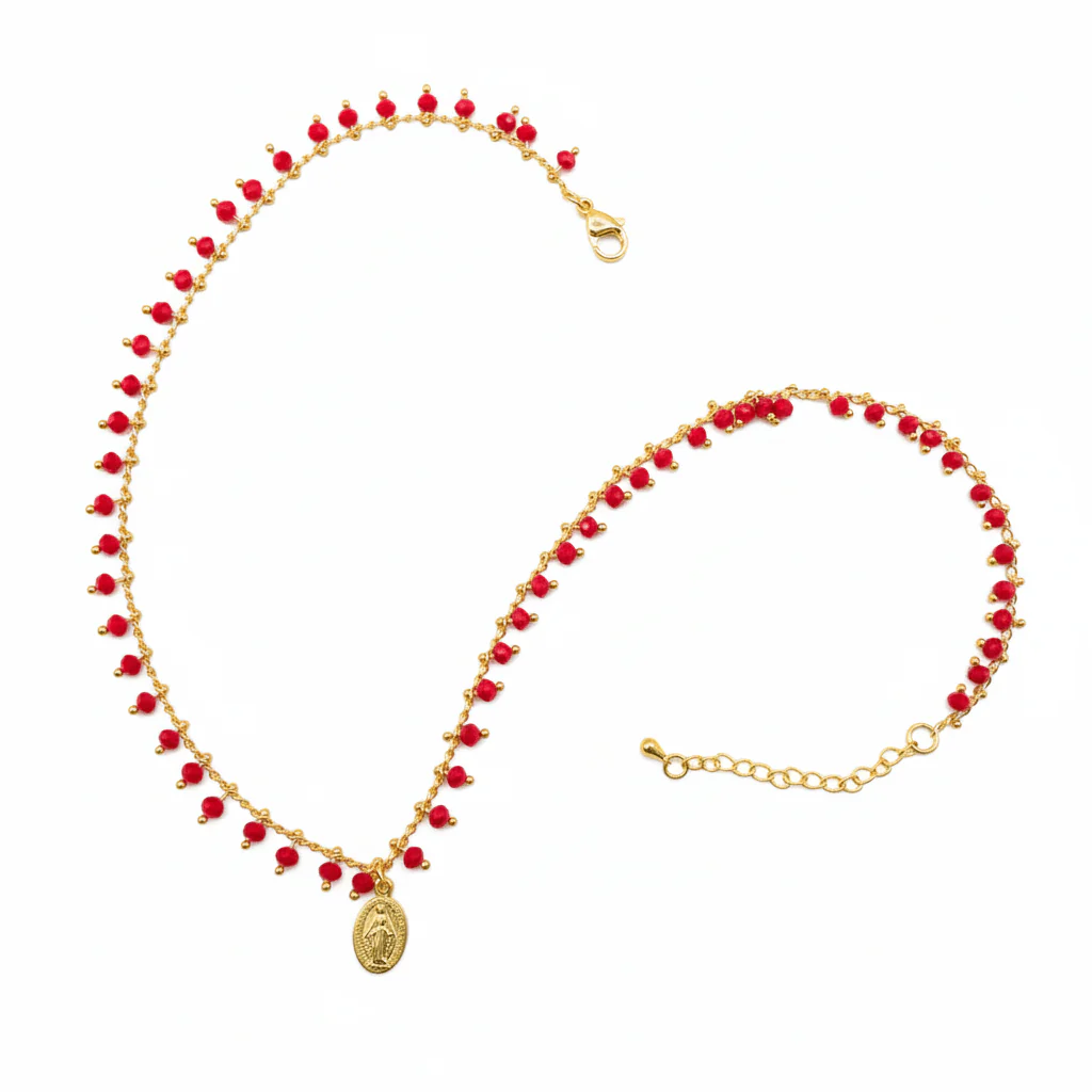 Gold-Plated Miraculous Medal Red Beaded Necklace 18-inch