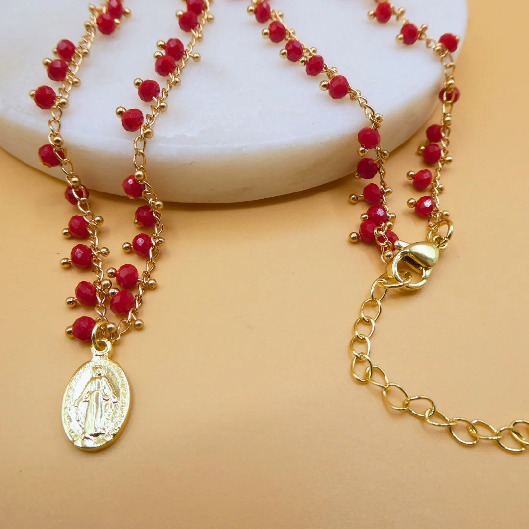Gold-Plated Miraculous Medal Red Beaded Necklace 18-inch - Image 4