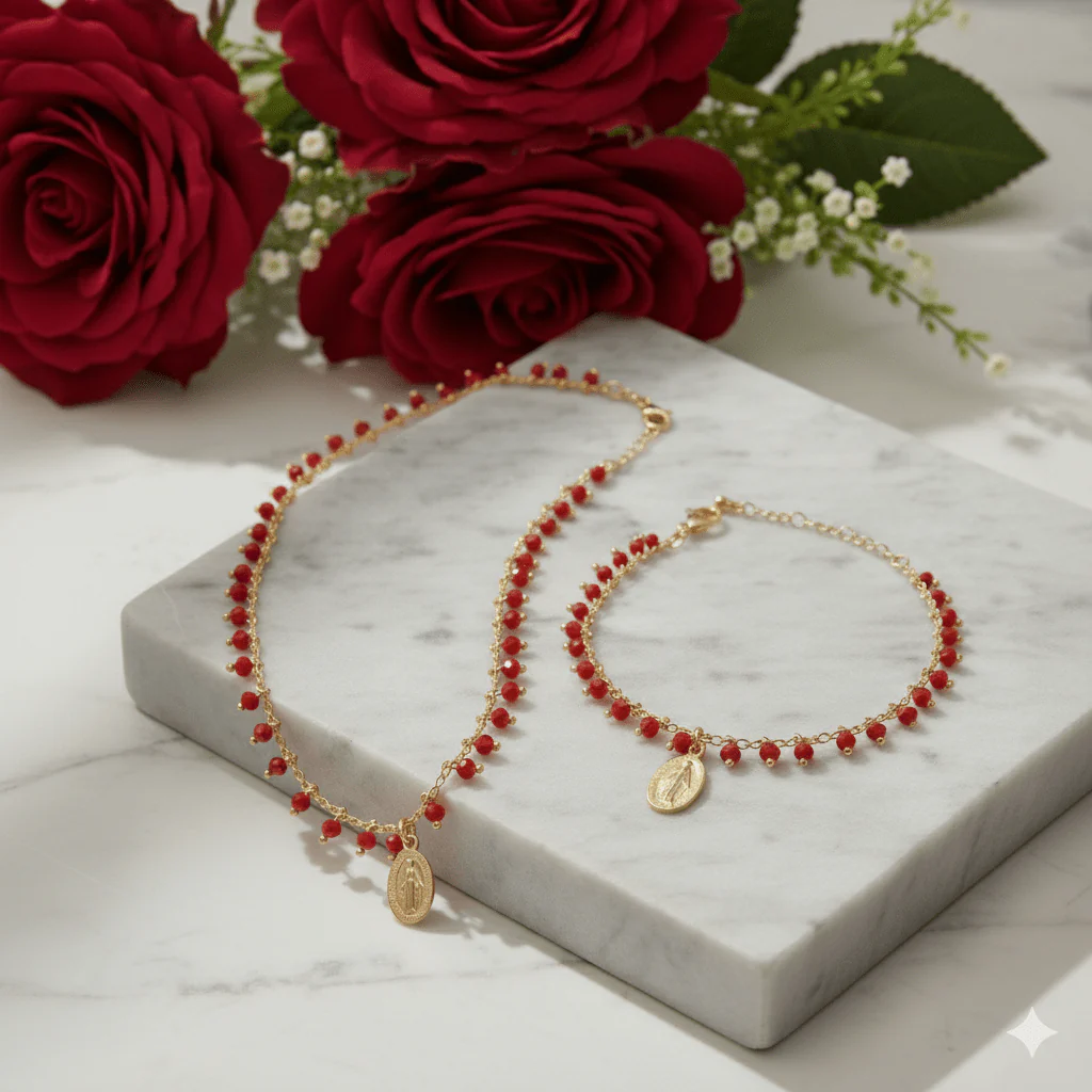 Gold-Plated Miraculous Medal Red Beaded Necklace 18-inch - Image 7