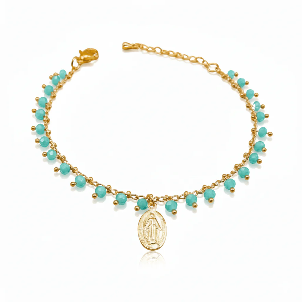 Gold-Plated Miraculous Medal Turquoise Beaded Bracelet 7"+ 2.5"