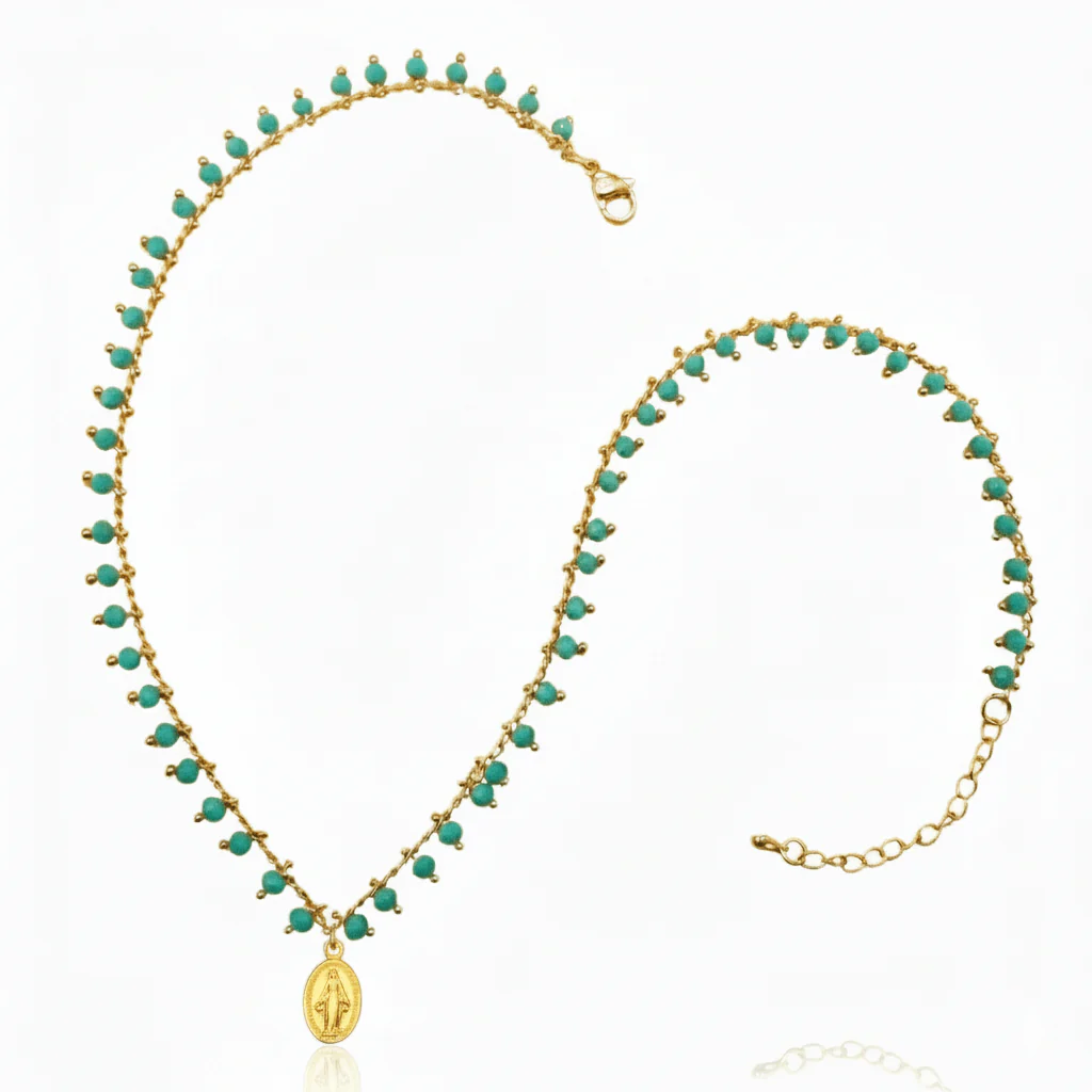 Gold-Plated Miraculous Medal Turquoise Beaded Necklace 18-inch