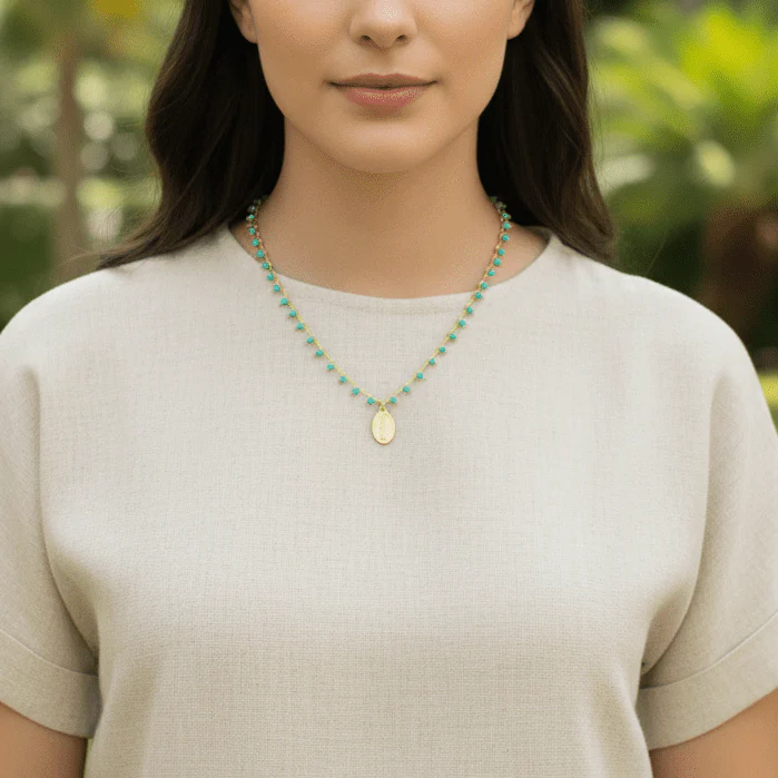 Gold-Plated Miraculous Medal Turquoise Beaded Necklace 18-inch - Image 2