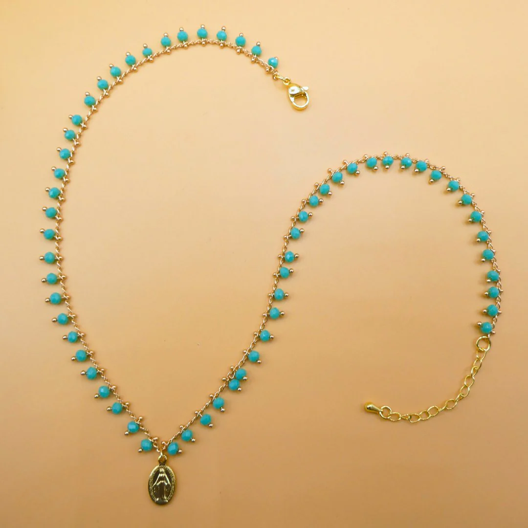 Gold-Plated Miraculous Medal Turquoise Beaded Necklace 18-inch - Image 3