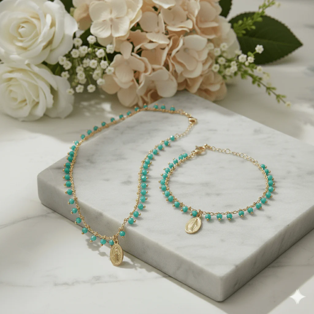 Gold-Plated Miraculous Medal Turquoise Beaded Necklace 18-inch - Image 5